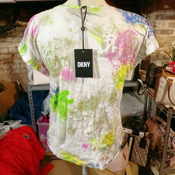 DKNY pink yellow blue multi colored designer shirt top round neck NWT - Picture 5 of 6